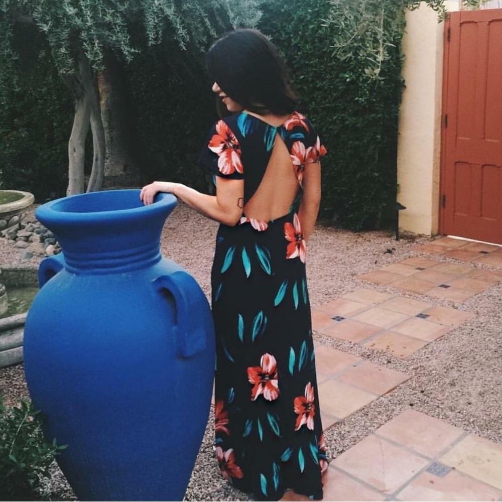 Forever 21 Navy Blue Maxi Dress with Red & Teal Hibiscus Floral Print